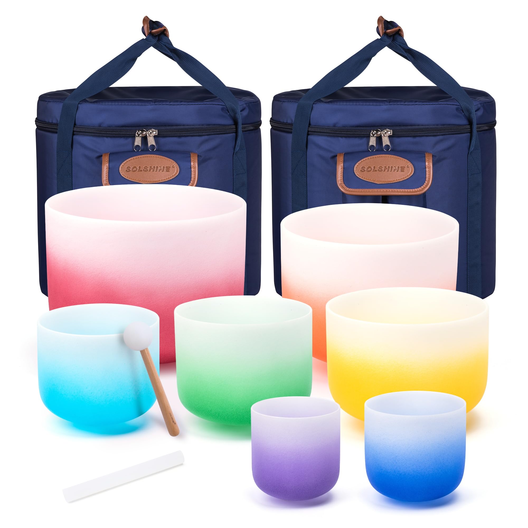 432Hz 6-12 Inch Set of 7 Quartz Crystal Singing Bowls with Gradient Colored Design, 2 Travel Carry Case Bags and Resonance Striker for Meditation and Sound Therapy Image