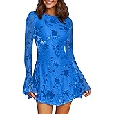 GOKATOSAU Women's Long Sleeve Mesh Velvet Floral Round Neck Fit and Flare Bodycon Mini Dress