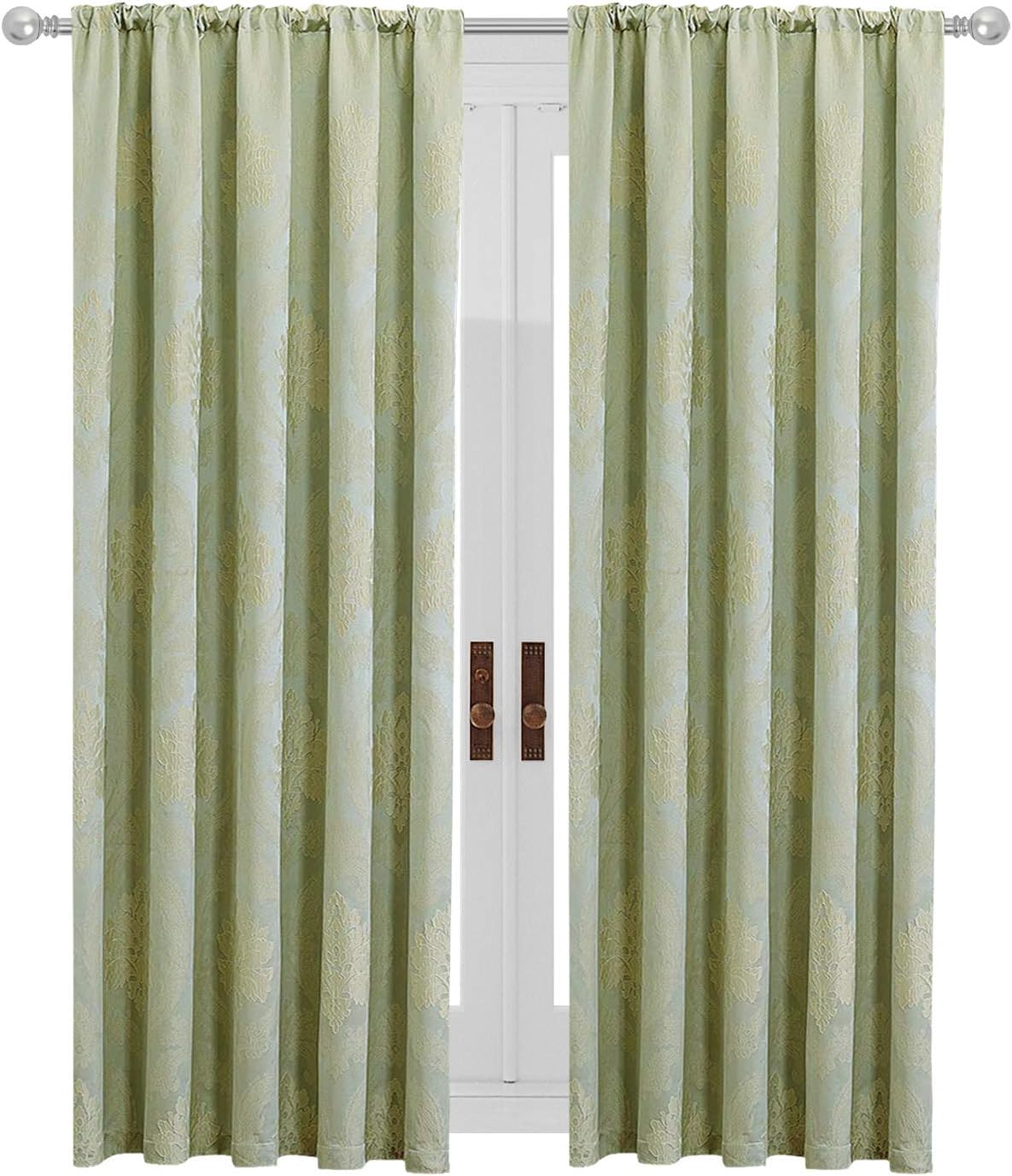 Oxford Homeware Pair of Damask Luxury Jacquard Pencil Pleat Fully Lined Floral Curtains - (Betty/GREEN / 66x72 / Tape Top) with two tie backs
