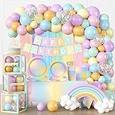 Pastel Rainbow Birthday Decorations Rainbow Theme Banner Balloon Arch Garland Streamer Backdrop, Pastel Rainbow Plates and Napkins with 2 Pcs Pastel Table Cloths