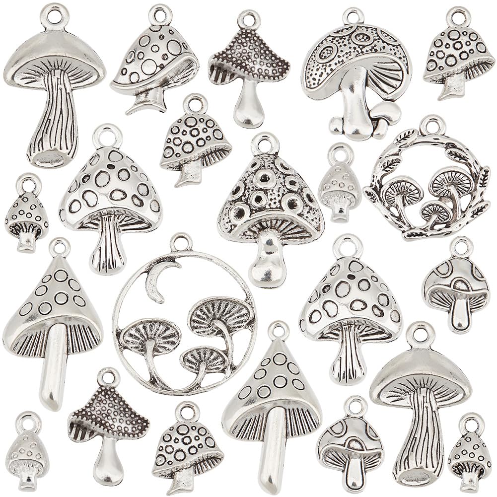 PH PandaHall 90Pcs 13 Styles Mushroom Charms, Tibetan Style Pendants Silver Mushroom Charm Metal Plant Charms for DIY Necklace Earrings Bracelet Making Craft Supplies