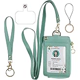 bolimoss ID Badge Holder with Lanyard Wallet, PU Leather ID Badge Card Holder with 1 Clear ID Window, 4 Credit Card Slots, 1 Cash Coin Slot and Neck Lanyard,Phone Holder, Ring Key Chain (Green)