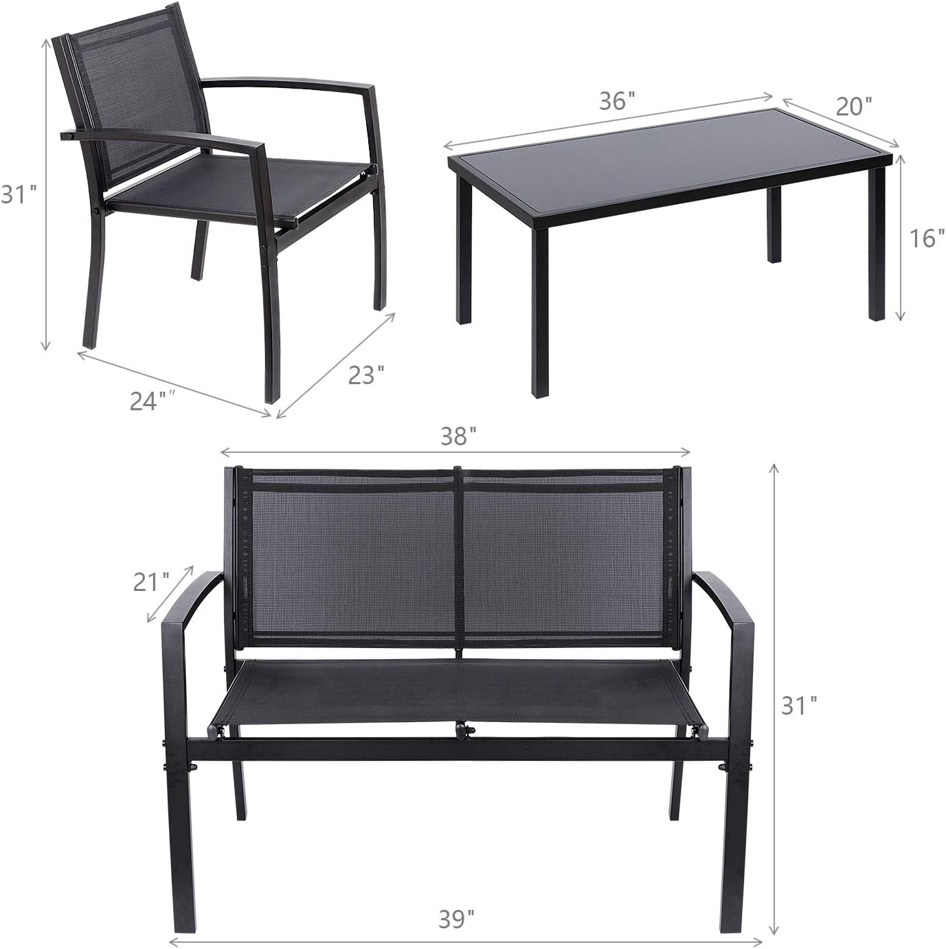 Flamaker 4 Pieces Patio Furniture Outdoor furniture Outdoor Patio Furniture Set Textilene Bistro Set Modern Conversation Set Black Bistro Set with Loveseat Tea Table for Home, Lawn and Balcony (Black): Garden & Outdoor