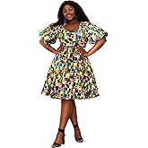 HongyuAmy Women African Floral Print V Neck Dresses Ankara Lantern Sleeves Short Dress