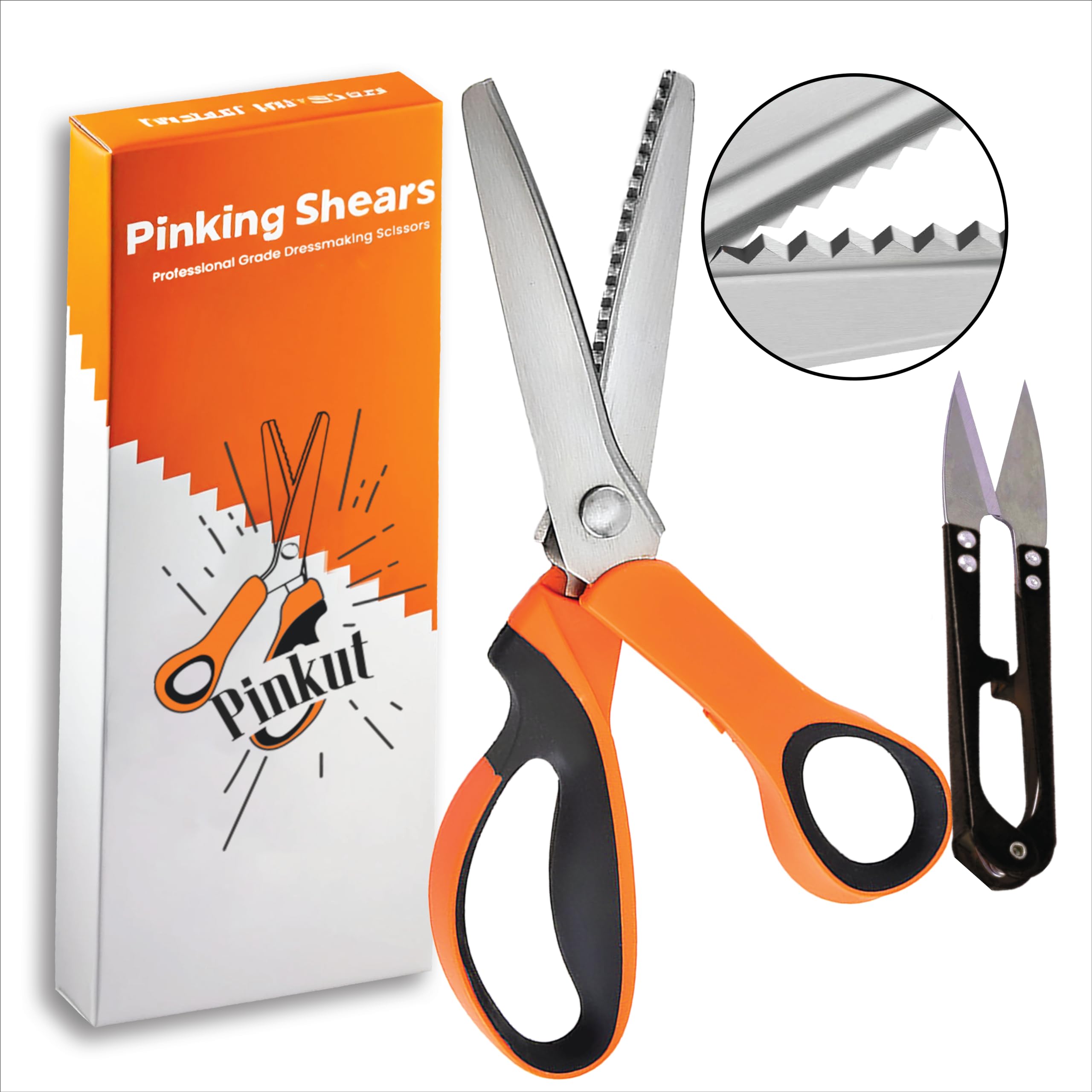 Pinkut Pinking Shears for Fabric Cutting with Soft Rubber Handles & Stainless-Steel Edges - 9 Inches Sharp Zig Zag Scissors for Crafting, Dressmaking, & Sewing with Thread Cutter