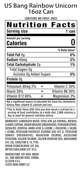 BANG ENERGY RAINBOW UNICORN, SUGAR-FREE ENERGY DRINK, 16 FL OZ (PACK OF 12) – PACKAGING MAY VARY