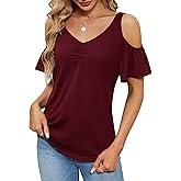 Micoson Cold Shoulder Tops for Women Summer Short Sleeve Shirts Ladies Floral Ruched Blouse Classic Cute V Neck Tunic