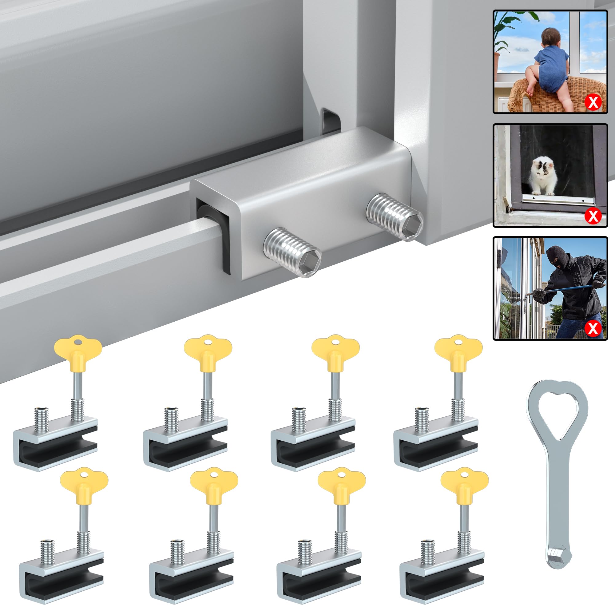 Photo 1 of RELIANCER 8 Sets Sliding Window Locks,Aluminum Security Door Window Stoppers,Adjustable Safty Windows Lock for Horizontal & Vertical Fenster Doors,Child Proof Slider Windows Blocker for Home Safety