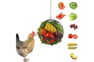 GSHWXD Hanging Chicken Feeder - 7.1 Inch Large Iron Chicken Veggie Treat Ball - Sturdy Chicken Treat Holder with 15.7 Inch Hanging Chain - Black