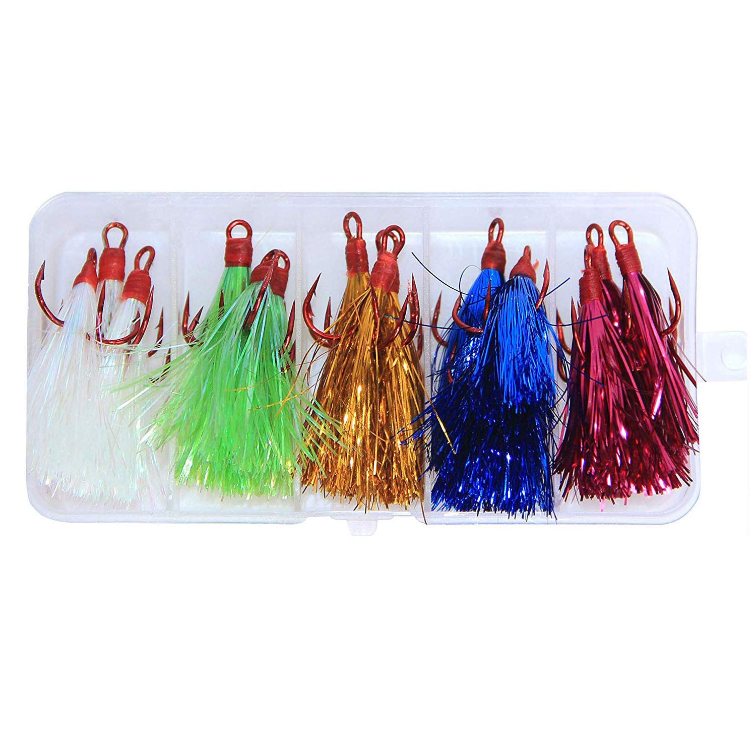 Fishing Treble Hooks Set, 15Pcs Dressed Round Bend Treble Hooks Fishing Jig Lures with Mylar Flash Teaser Tail Hooks