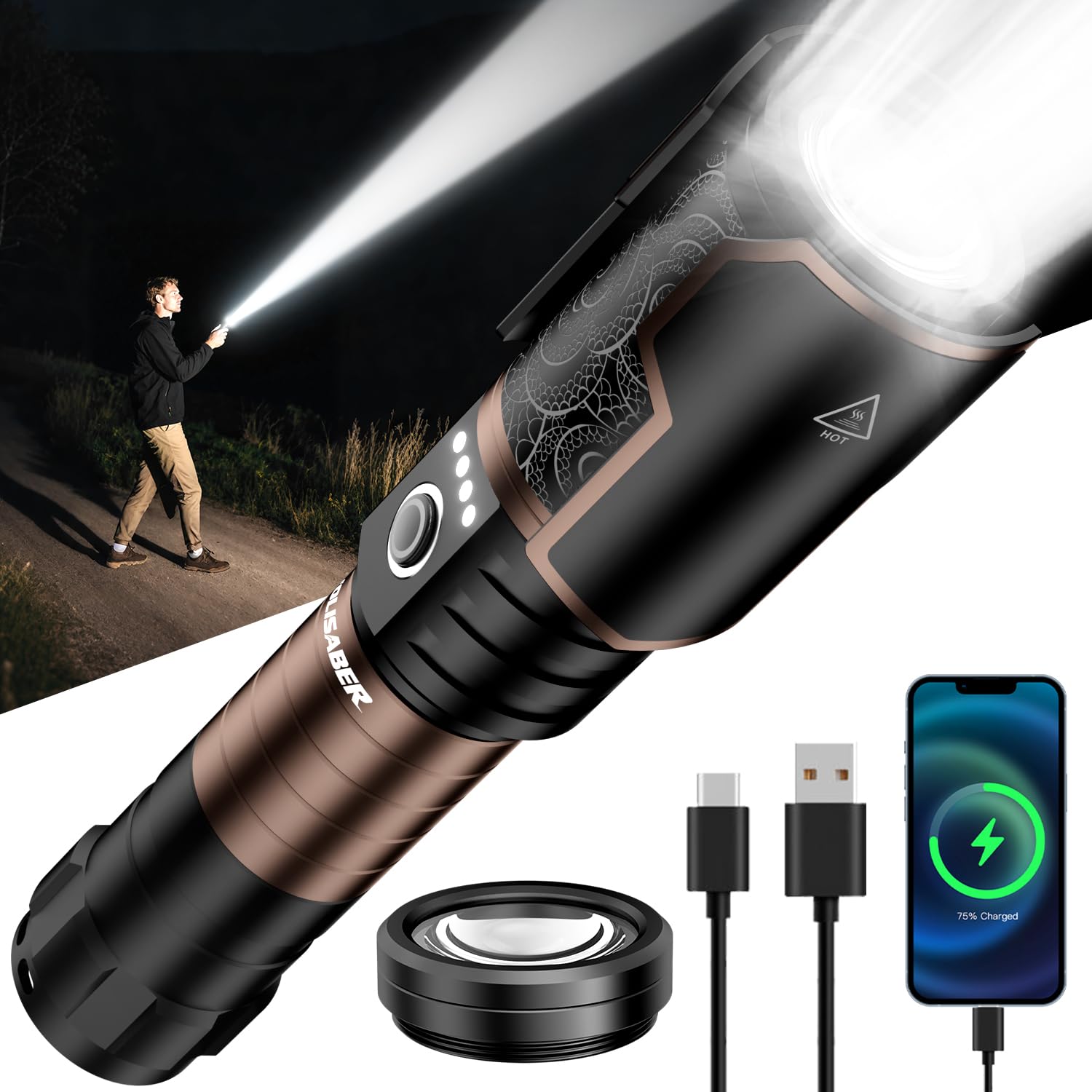 Photo 1 of VOLISABER Flashlight High Lumens with Ignition Lens, Rechargeable Super Bright Zoomable LED Flash Light, 6 Mode Waterproof Handheld Powerful Tactical Flashlights for Camping Essentials Emergency