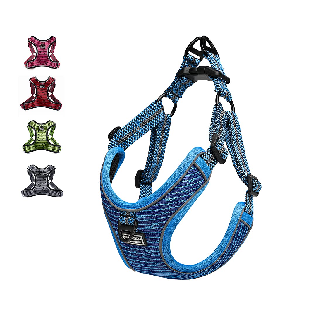 Suredoo No Pull Dog Harness Adjustable Breathable Reflective Lightweight Pet Vest Harness Front Clip Soft Mesh Padded Escape Proof Easy Control for Outdoor Walking Training (L, Blue)