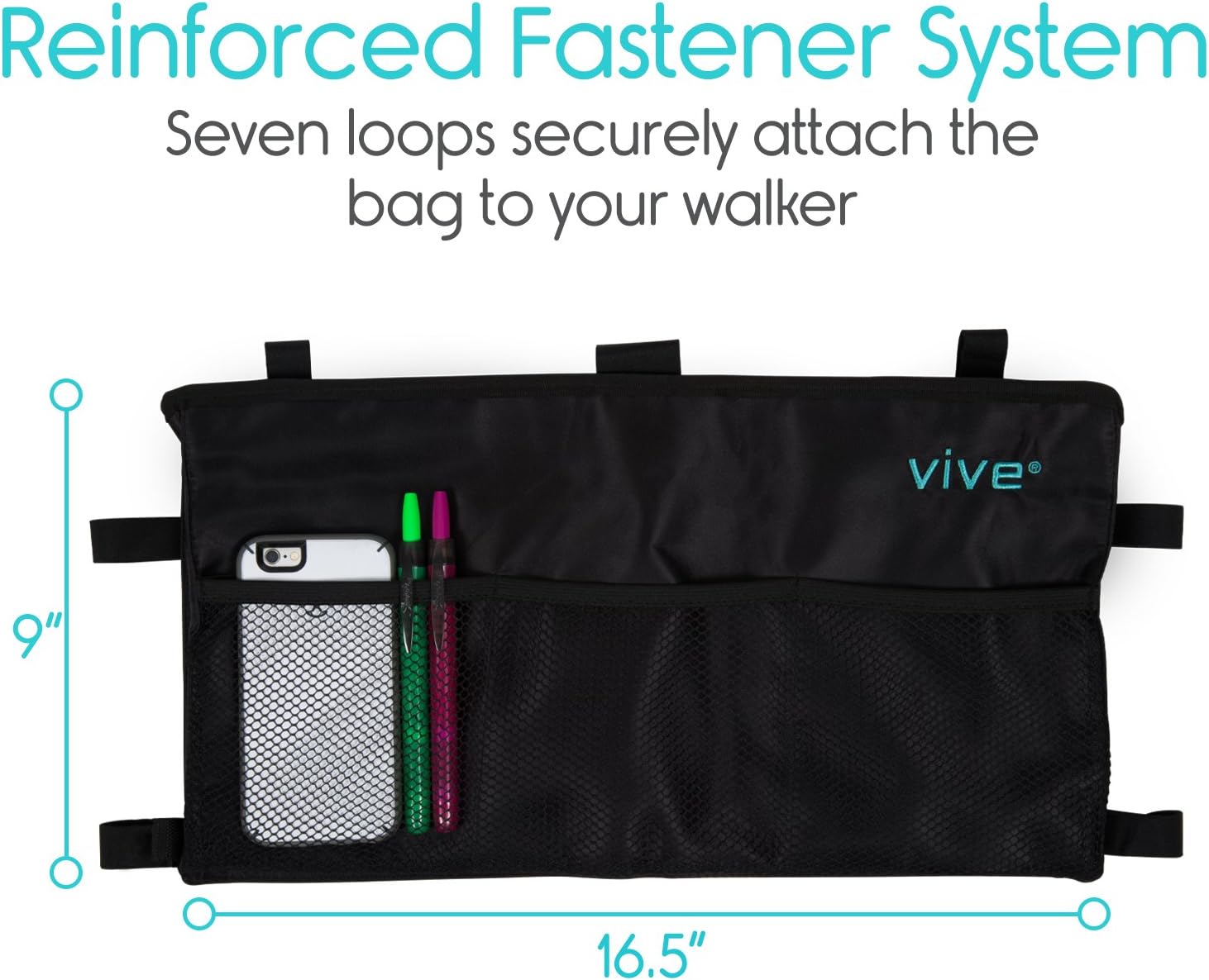Vive Walker Bag - Water Resistant Accessory Basket Provides Hands Free Storage for Folding Walkers - Attachment Fits Wide and Narrow Styles - Tote Caddy Pouch for Elderly, Seniors, Handicap, Disabled: Health & Personal Care