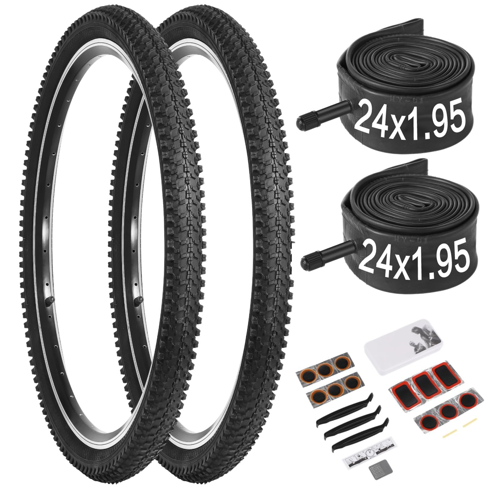 Photo 1 of 24 Inch Bike Tire, 2 Pack 24x1.95 Bicycle Tire and Tube with Repair Kit, Folding Portable MTB Tires, Replaceable 24 x 1.95 Bike Tire with Inner Tubes and Levers,24 Mountain Bike Tire for City Roads