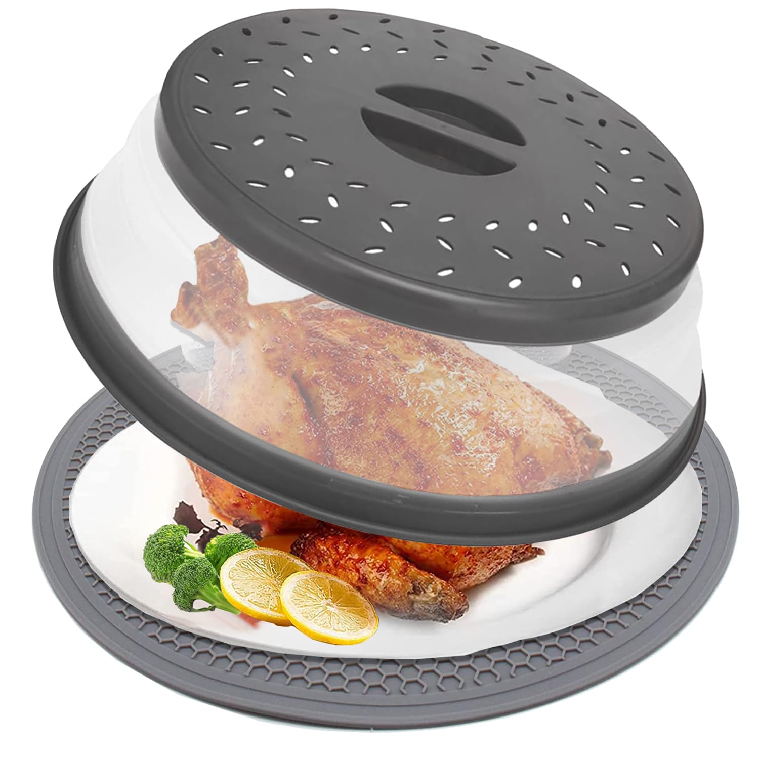 Photo 1 of 12“ Large Microwave Splatter Cover & Silicone Mat,12 Inchs Vented Collapsible Guard dish Plate lid & Round Kitchen mat for food