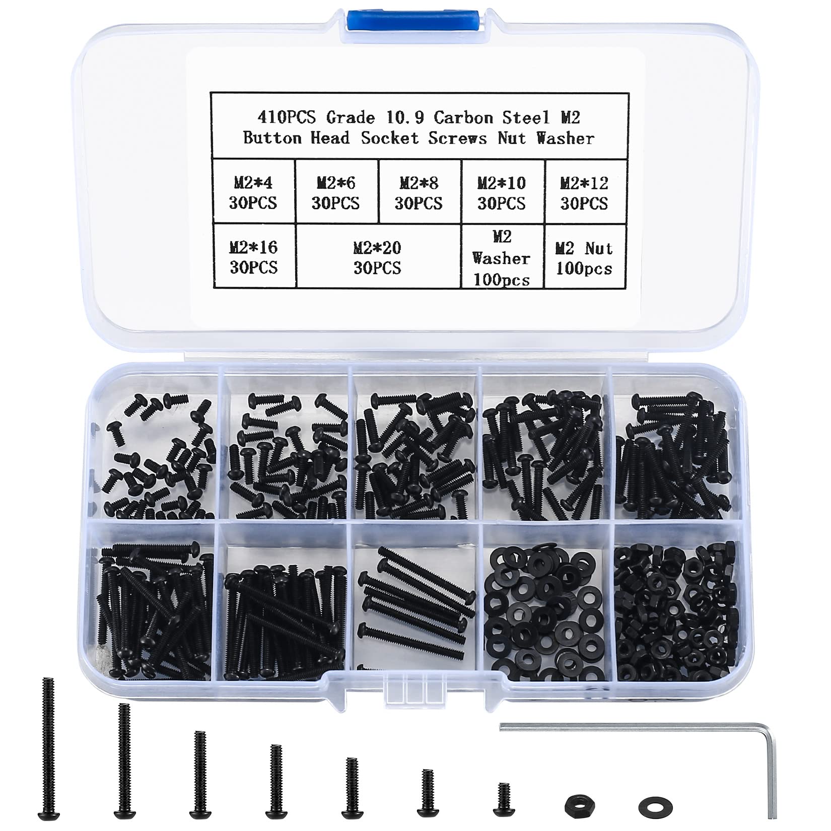 Jttxiu Nuts and Bolts, 410 Pcs M2 Button Head Hex Socket Head Cap Screws Bolts and Nuts and Washers Set, Black Pan Head Internal Hex Head Machine Screws Bolts Nuts Washers Assortment Kit — image 1