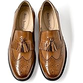 BEAU TODAY Tassel Loafers for Women,Leather Brogue Dress Shoes,Wingtips Oxford for Women,Breathable Comfortable Slip-on Lace-up Handmade Flat Shoes for Business Work