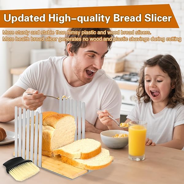 TKVAZK BREAD SLICER, STAINLESS STEEL BREAD SLICER FOR HOMEMADE SOURDOUGH BREAD, MANUAL BREAD SLICERS BREAD CUTTER WITH TOUGH BAMBOO CUTTING BOARD WITHOUT WORRY PLASTIC & WOOD SHAVING(NO KNIFE)