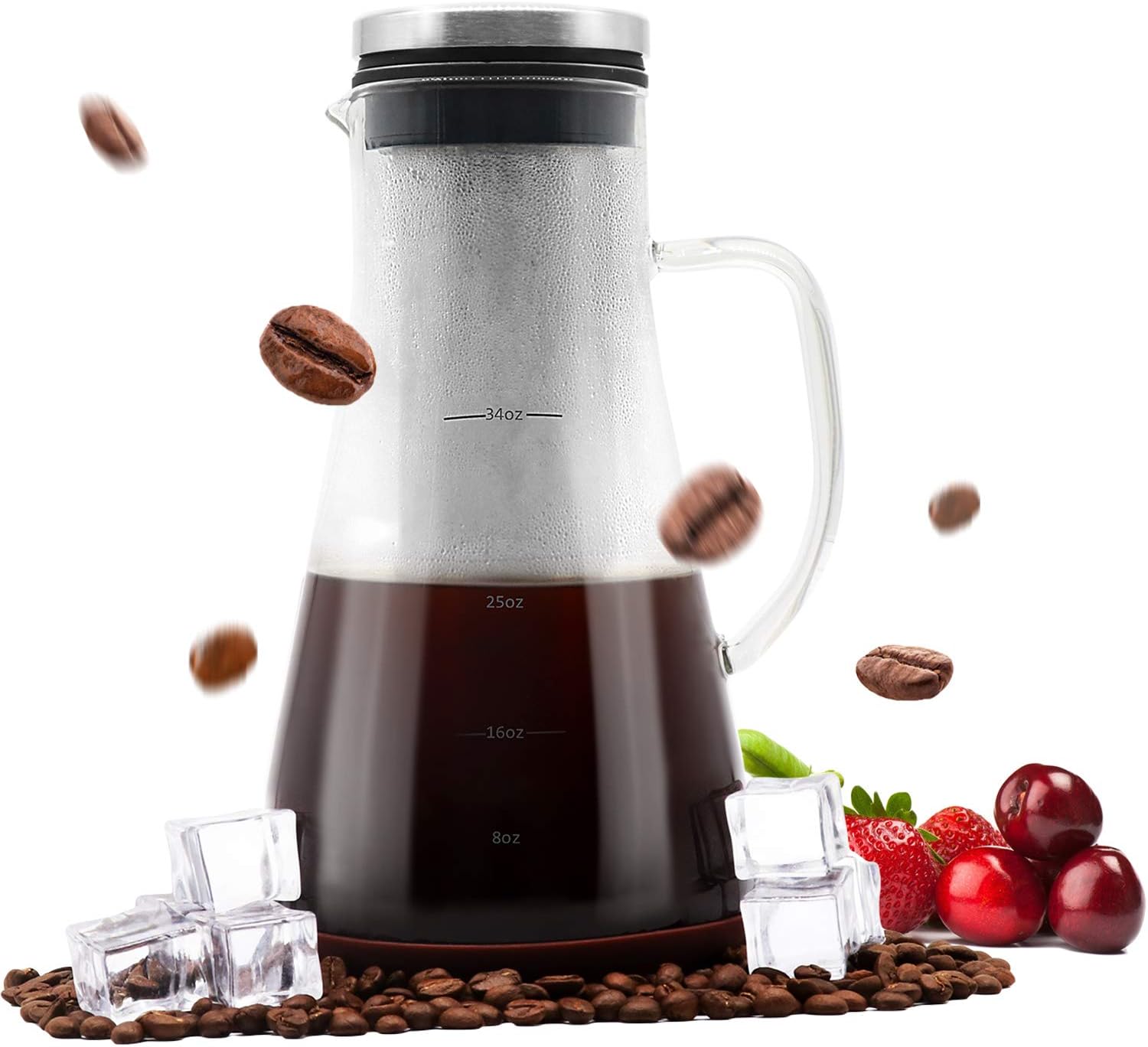 Airtight Cold Brew Iced Coffee Maker and Tea Infuser with Spout - 1.0L / 34oz Brewing System Glass Pitcher Carafe with Removable Stainless Steel Filter