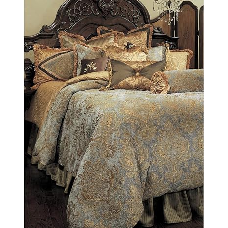 Luxurious New 9 Pcs Gold Blue Medallion Paisley Comforter Set Cal