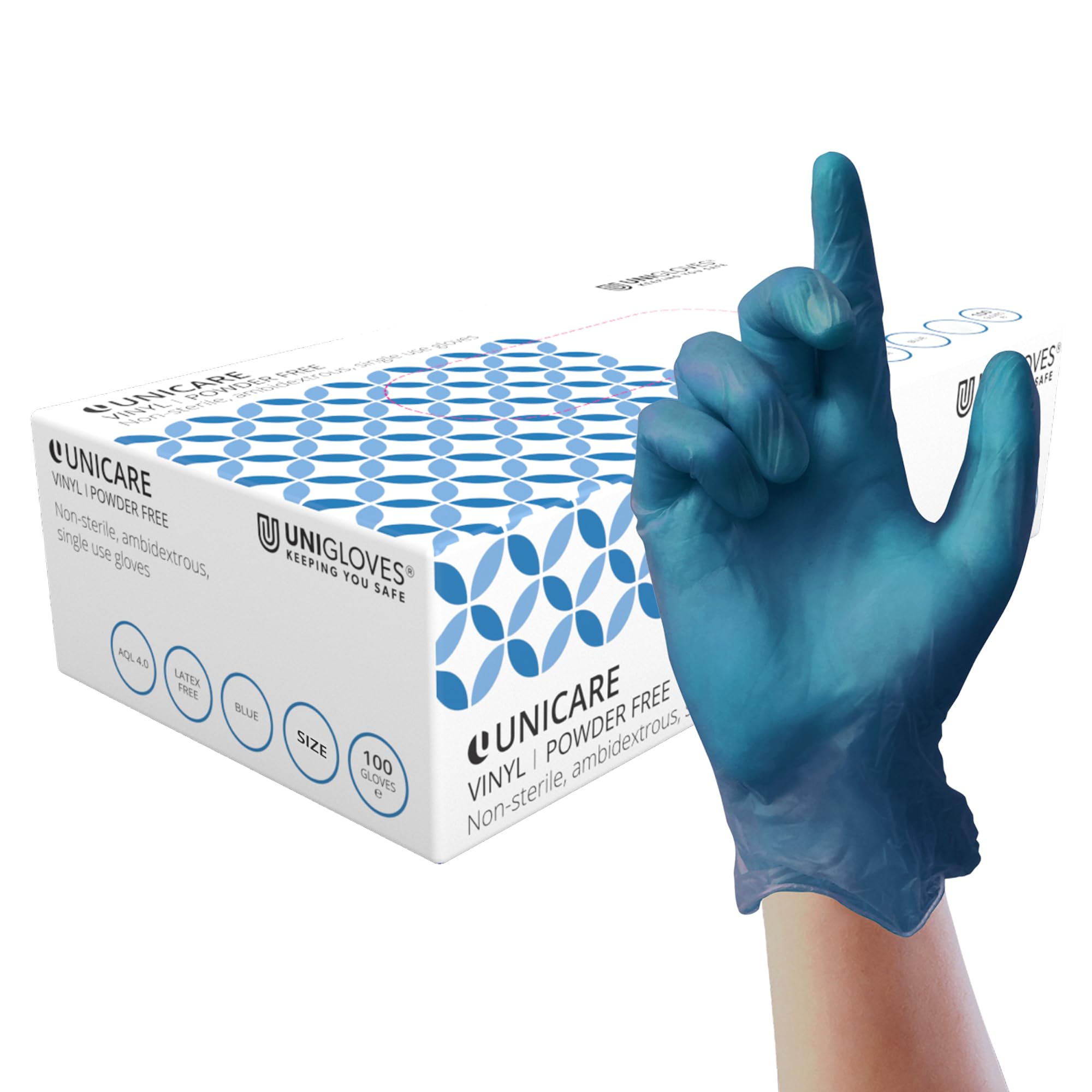 UNIGLOVES GS0083 Examination Gloves, Blue Vinyl-Powder Free, Medium, Set of 100