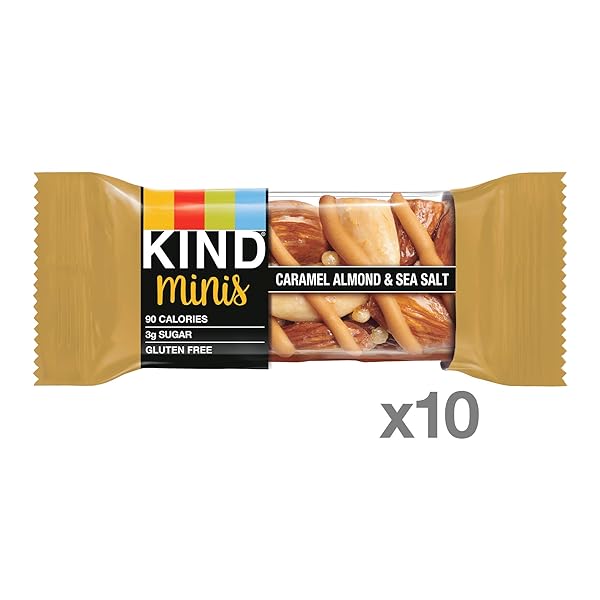 KIND MINI SNACK BARS, CARAMEL ALMOND & SEA SALT, GLUTEN FREE, LOW SUGAR, LOW CALORIE SNACKS, 10 COUNT