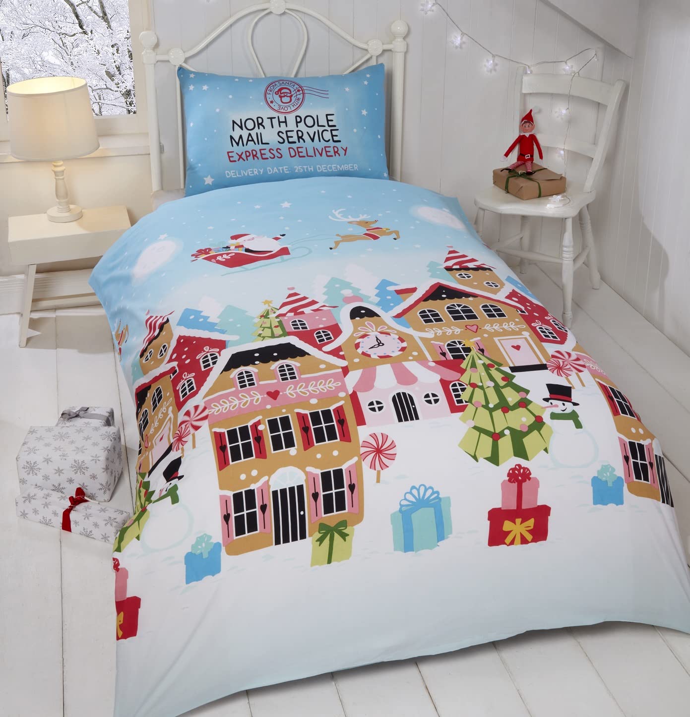 Rapport Gingerbread Town Single Duvet Cover Children's Christmas Bedding Set, 2 pieces, Festive, Blue