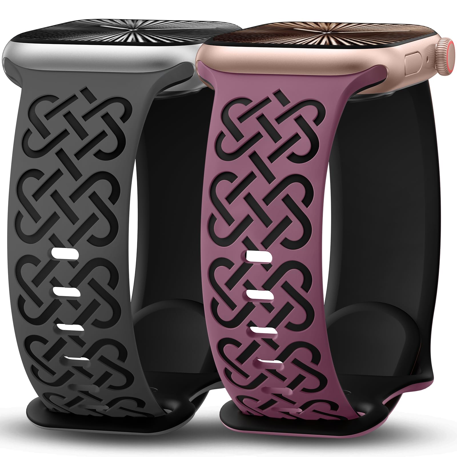 Minyee 2 Pack Engraved Bands Compatible with Apple Watch Band 42/44/45/46/49mm Women, Soft Silicone Two-Tone Celtic Sport Strap for iWatch Series 11 10 9 8 7 6 5 4 SE/Ultra 3 2 1, Black/VioletRed