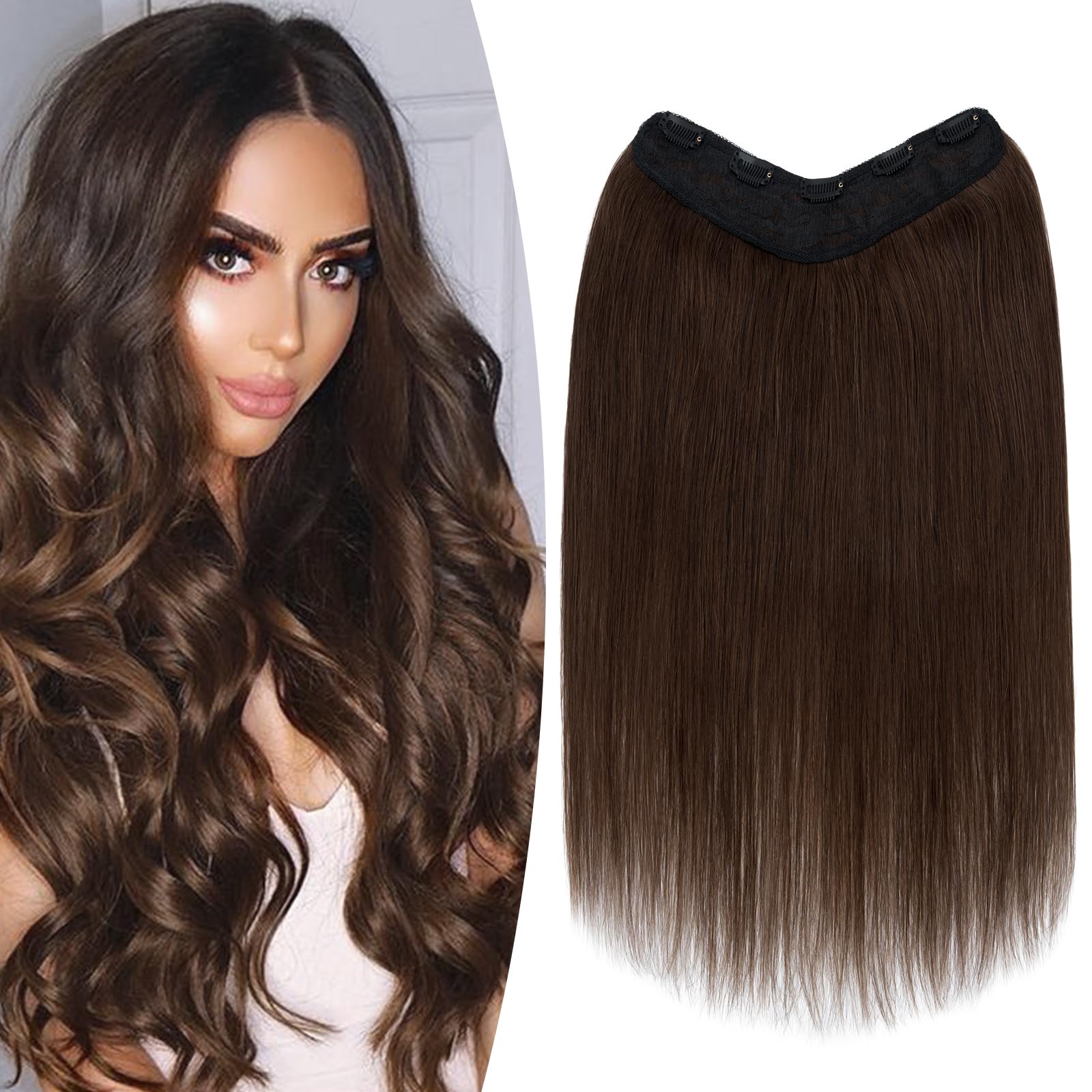 TESS Clip In Hair Extension 16 Inch,Hair Extensions Real Human Hair One Peice U-Shaped Straight Hairpieces for Women/Ladies/Girls(#4 Medium Brown,16Inch)