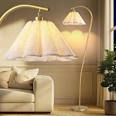 Omlaamy Floor Lamp with Pleated Linen Lampshade, Modern Flower Floor Lamp for Living Room Arc Standing Lamp, Gold Tall Lamp for Bedroom Office Dining Room, Bulb Included (Gold + Flax Color, 66.1IN)