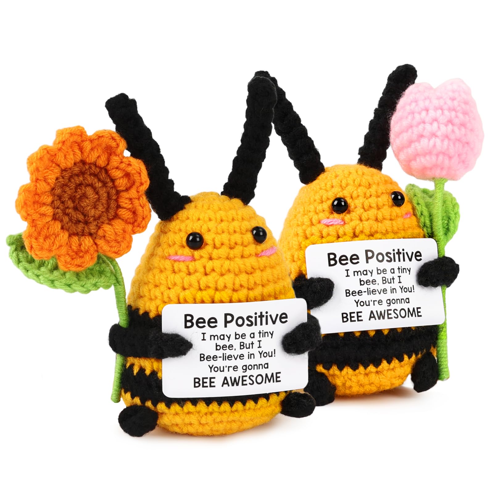 2Pcs Positive Bees, Funny Mini Good Luck Gifts, Emotional Support Crochet Animals with Flowers for Housewarming Birthday New Job Gifts for Colleagues Women/Men Teacher and Friend