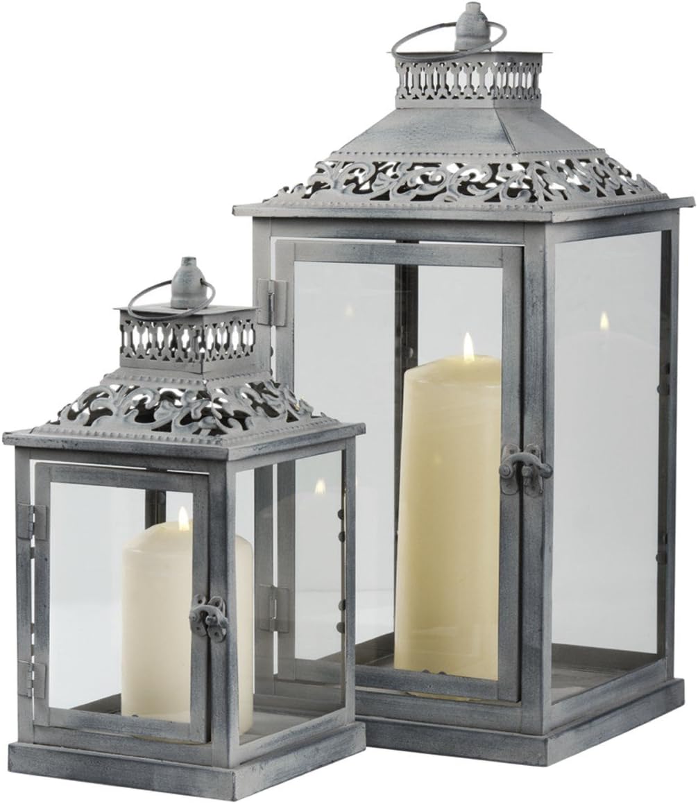 Set of Two Metal Washed Vintage Lanterns - Vintage Style Living Rooms & Bedrooms