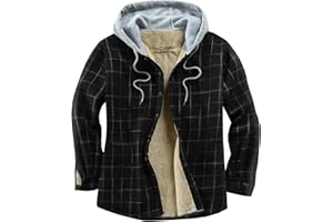 Derbars Men's Cotton Plaid Shirts Jacket Fleece Lined Flannel Shirts Sherpa Button Down Jackets with Hood for Men