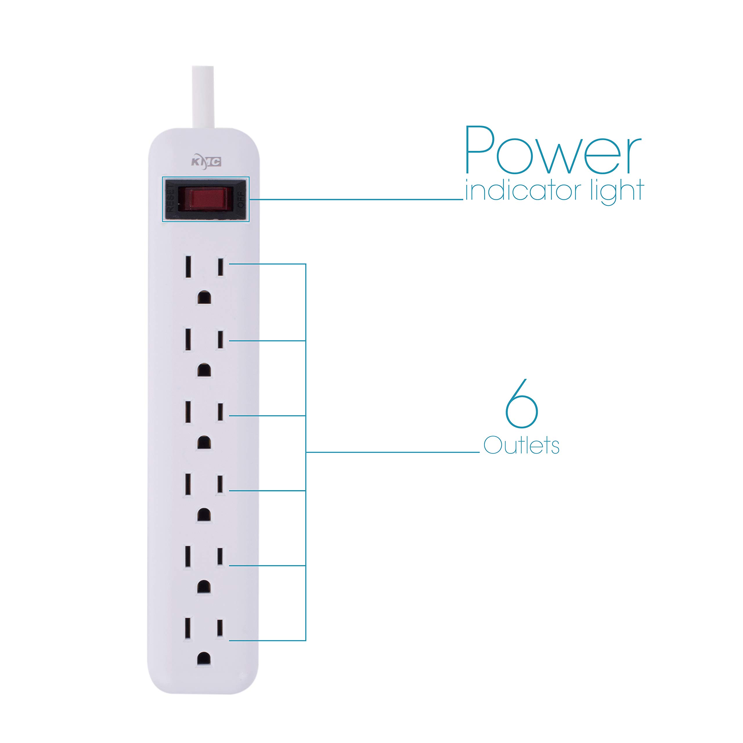 KMC 6-Outlet Power Strip, Overload Protection, 3-Foot Cord, White