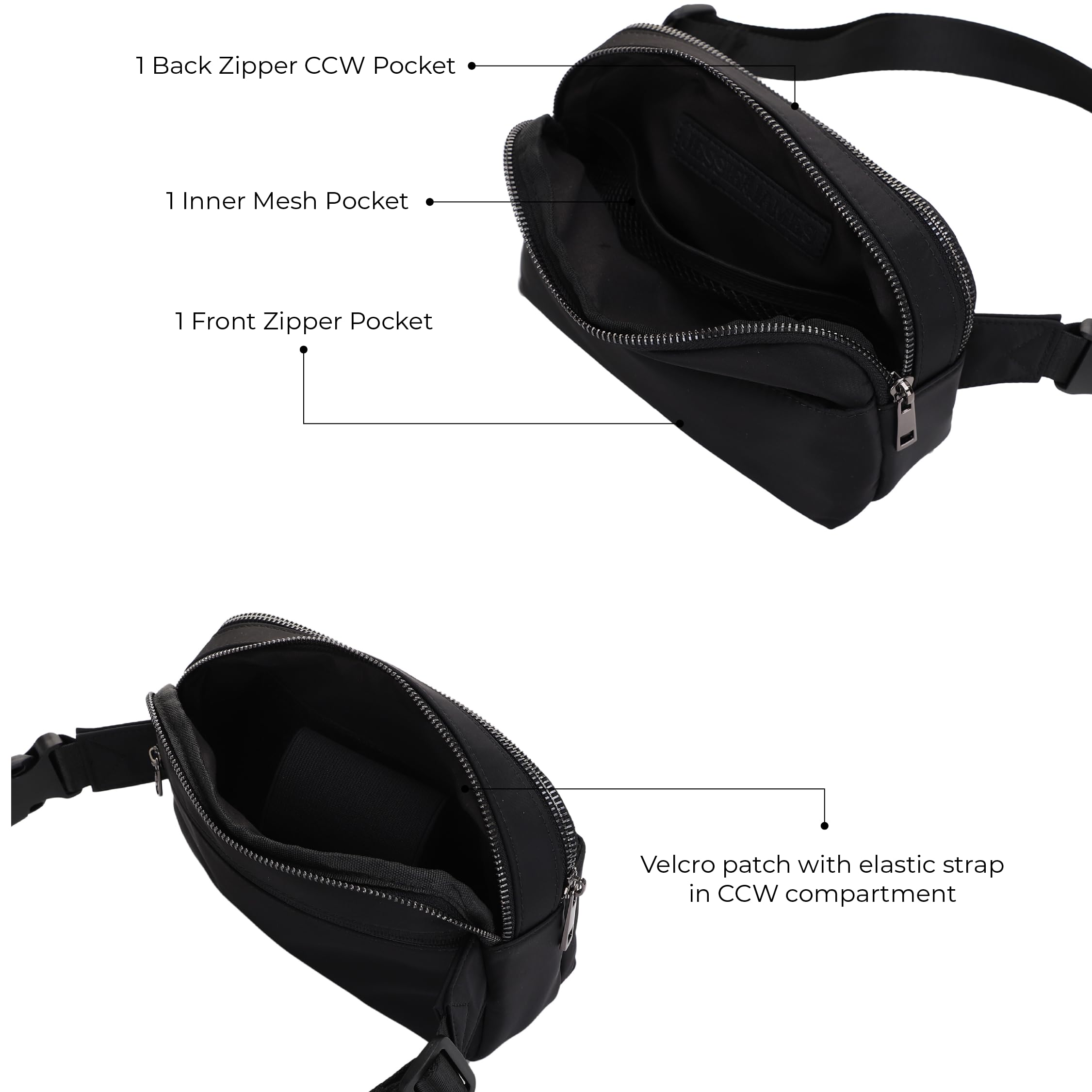JESSIE & JAMES Crossbody Nylon Concealed Carry Waist Pack with Adjustable Buckle Strap Fashion Multi Pocket Belt Bag| Black