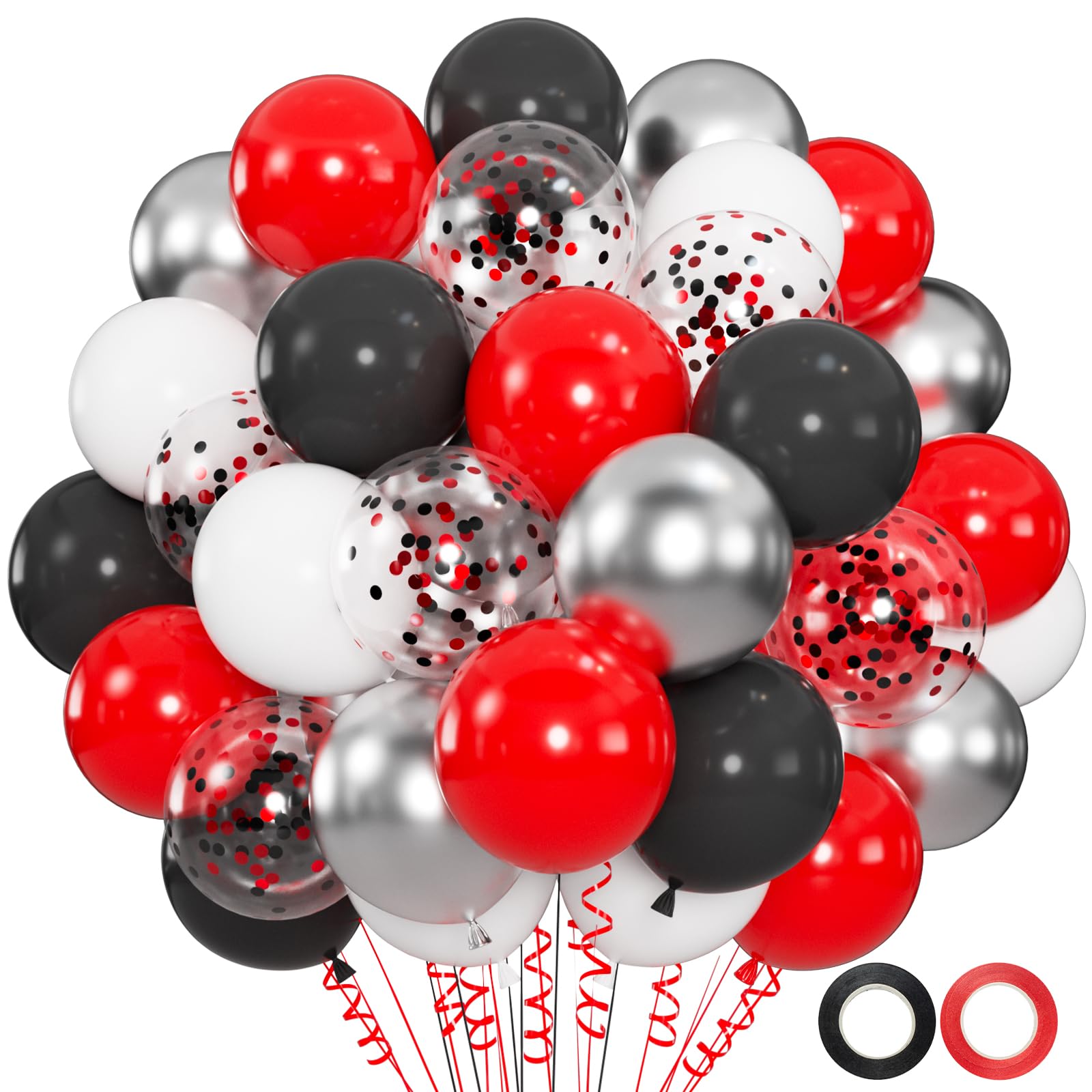 Photo 1 of 100-Pack Red Black White Balloons Kit - 12 Inch Metallic Silver and Confetti Latex Balloons for Birthday, Graduation, Masquerade, Pirate, Sports Party Decor