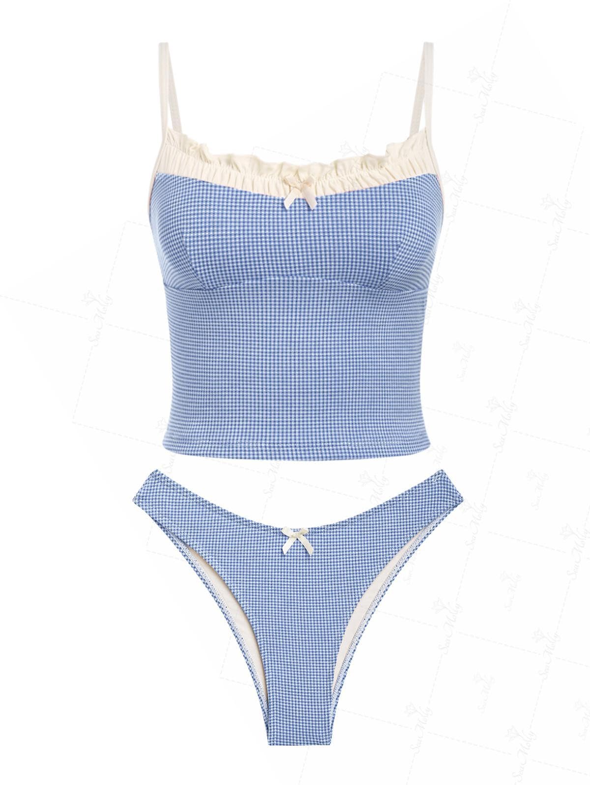 Photo 1 of seamoly Sky Blue Gingham Spliced Ruched Ruffles Bowknot Decor Cheeky Tankini Set,Sky Blue,L