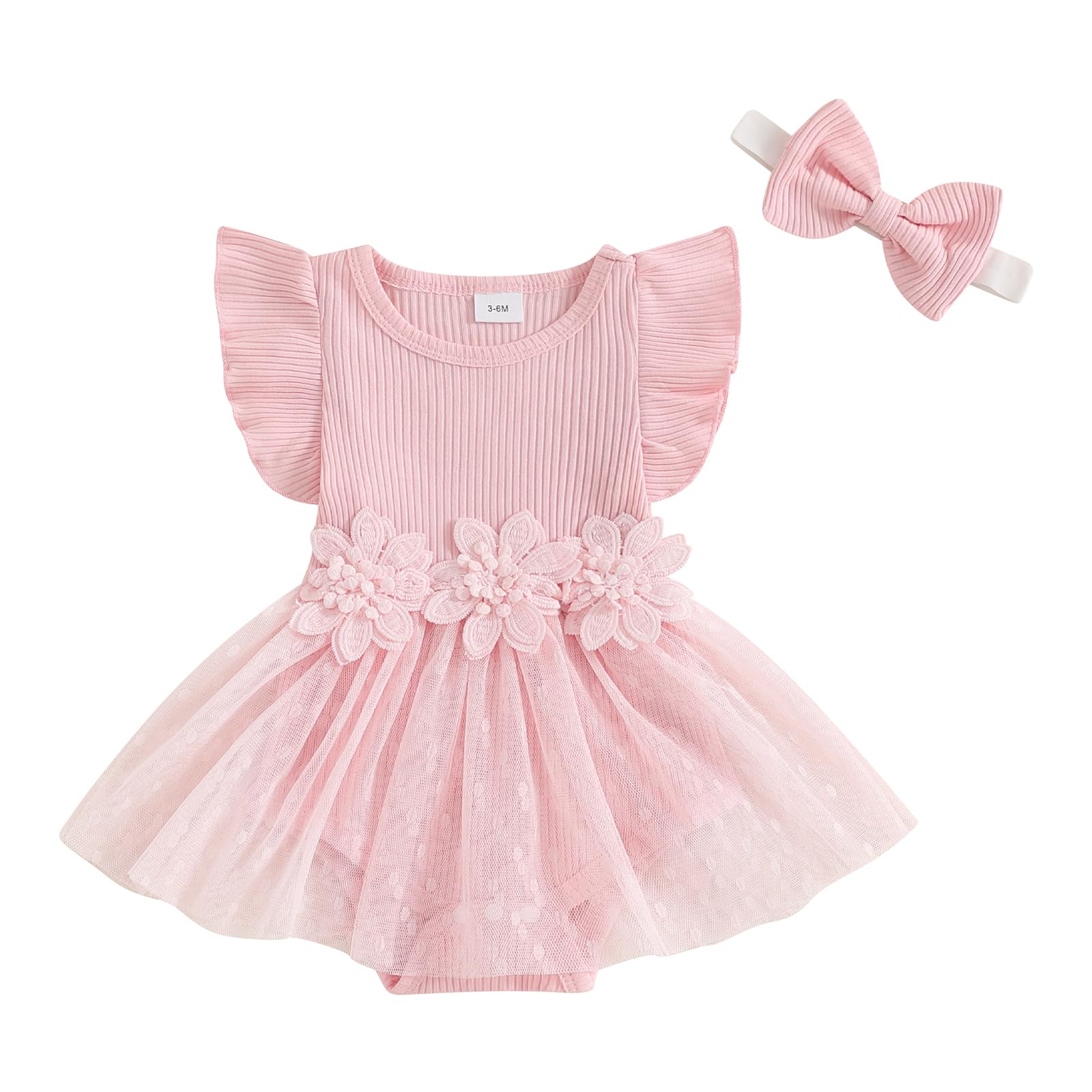 Photo 1 of Baby Girl Romper Dress Baby Dress Romper Flowers Lace Infant Girl Spring Summer Clothes with Headband (Pink A, 12-18 Months)