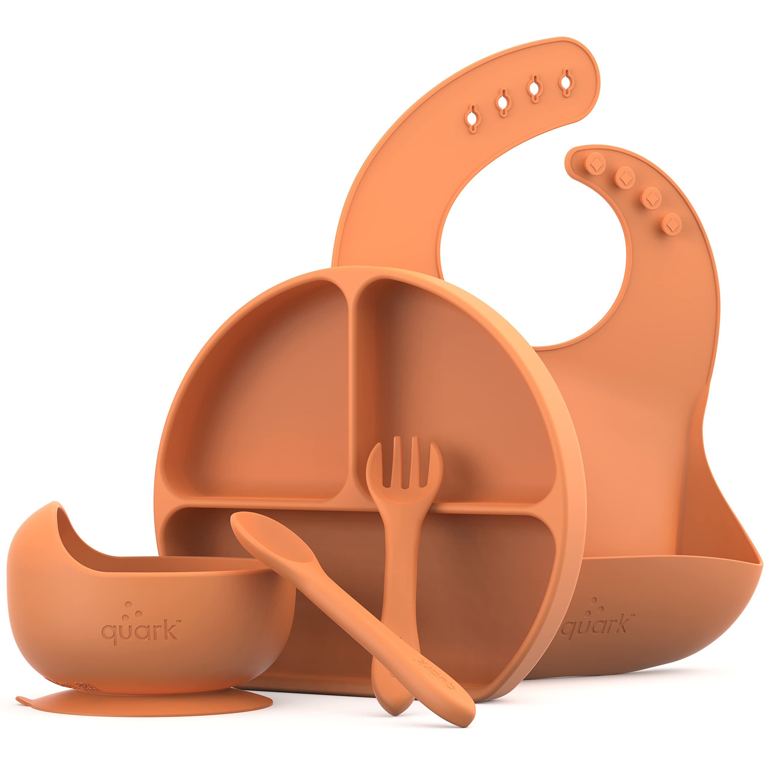 Feedi 5-Piece Silicone Baby Feeding Set by Quark - Baby Led Weaning Supplies - Toddler Plates and Bowls set - Adjustable Silicone Baby Bib with Food Catcher & Baby Utensils - Microwave/Dishwasher Safe