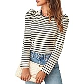 Spriolim Women's Striped Long Sleeve Shirt Crew Neck Puff Sleeve Top Casual Blouses