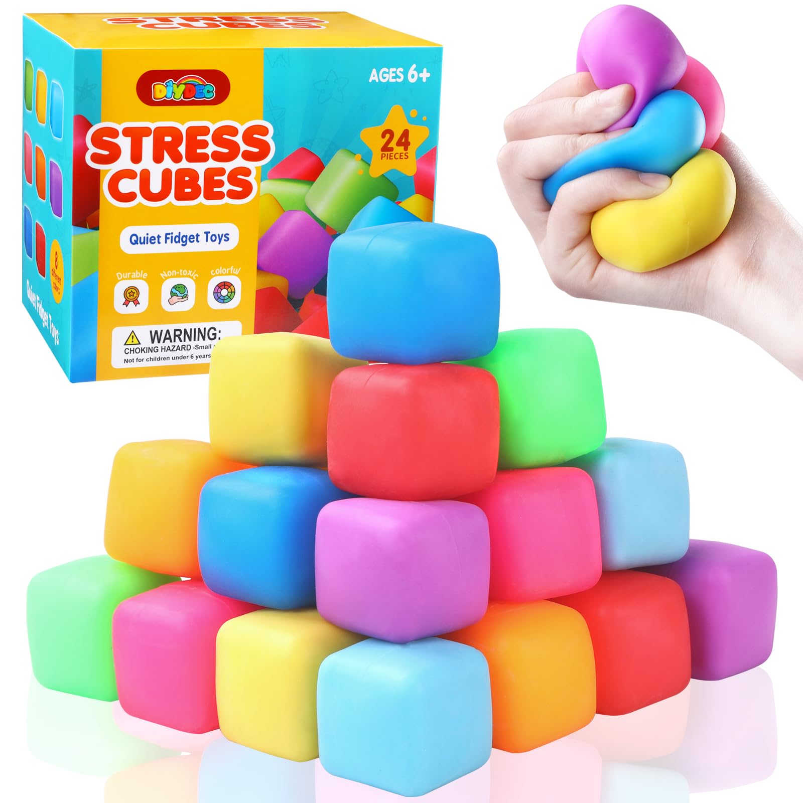 Photo 1 of DIYDEC 24 Pcs Stress Cube Toys 8 Colors Slow Rising Stress Balls for Kids Classroom Prizes Goodie Bags Squeeze Stretch Fidget Balls for Party Favors Adults Stress Relief