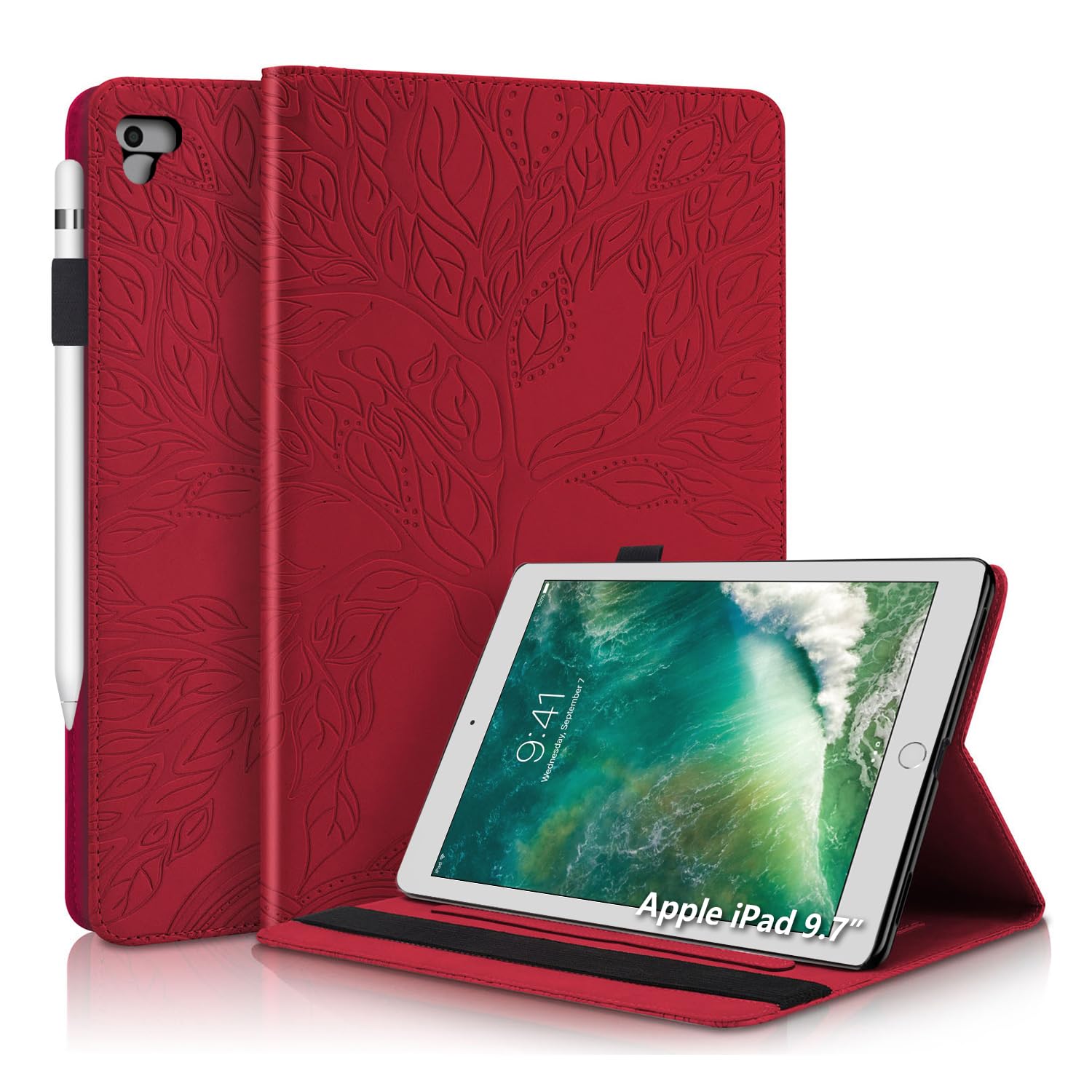Aswant iPad 6th Generation 2018 case ipad 2017 Generation 9.7 Inch Cover PU Leather Wallet Flip Stand Function Case for iPad Air/iPad Air 2 9.7 Inch, iPad 2017 / iPad 2018 Embossed Tree - Red