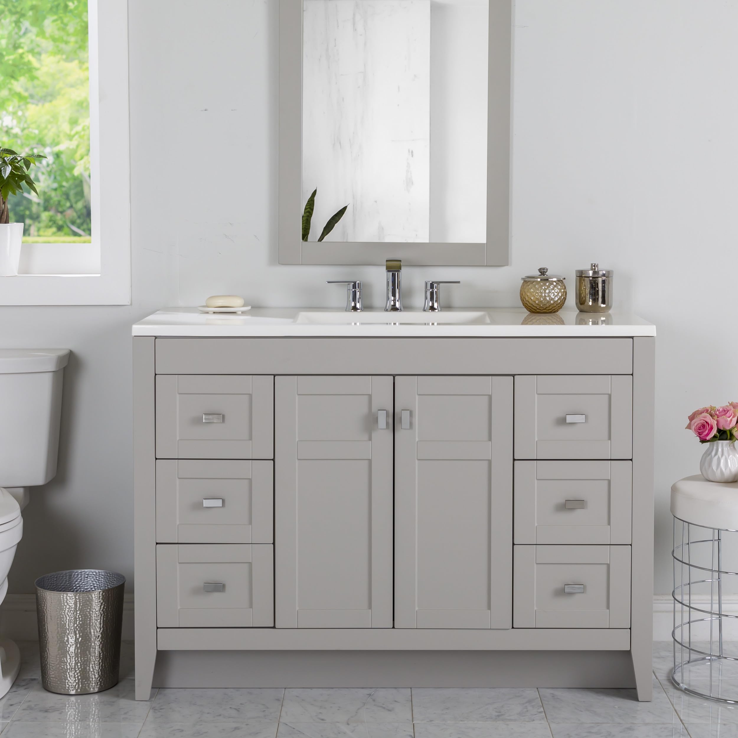 Photo 1 of **DIRTY BOX**Spring Mill Cabinets Lonsdale 48-Inch Single-Sink Bathroom Vanity with White Top, Soft-Close Cabinet, 6 Drawers, 48.5" W x 18.75" D, Gray