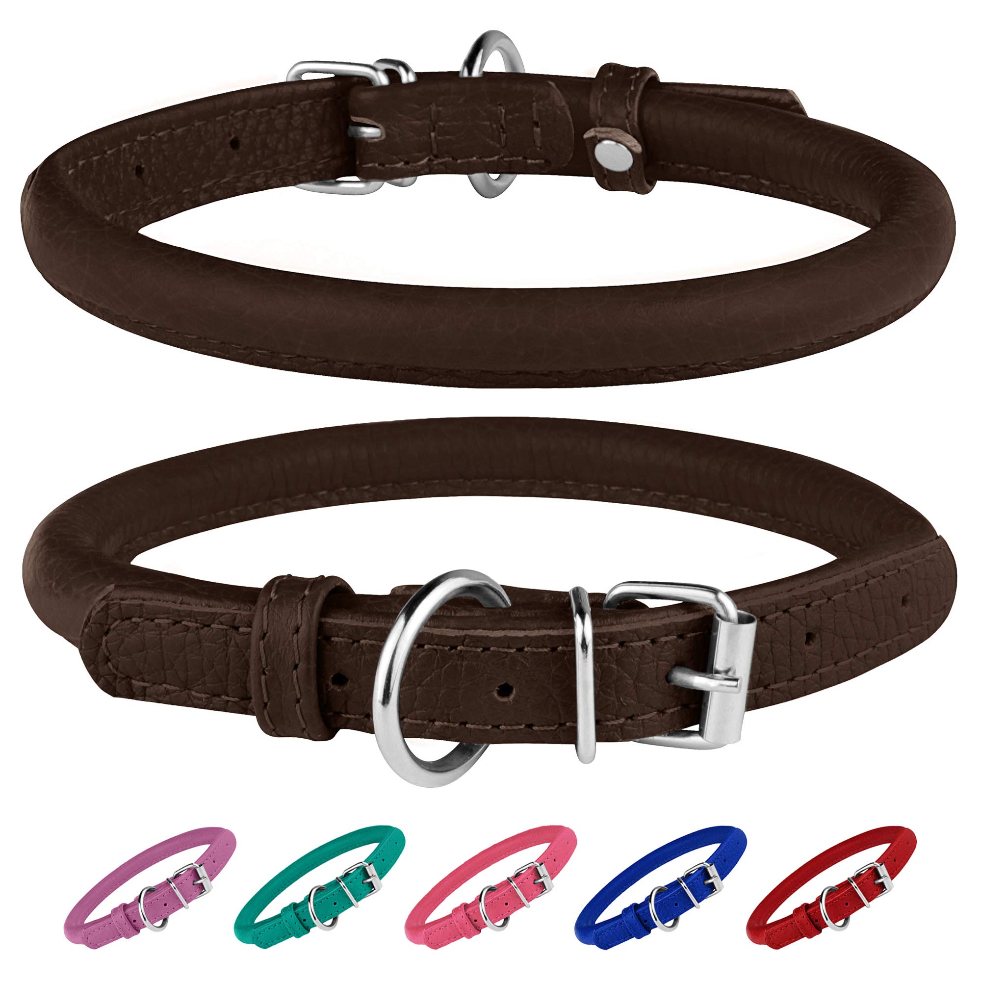 Rolled Leather Dog Collar Soft Round Collars, ID Tag for Small Medium Large Dogs (19-22 inch, Brown)