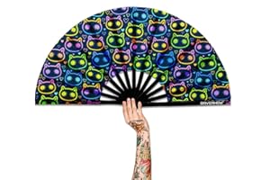 Raveahem UV Glow Rave Fan, Bamboo Folding Clack Hand Fan for Men Women (Cute Cat, Large 13")