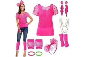 XINTORCH 80s Outfit Women Costume Accessories Set Fishnet Neon Off Shoulder T-Shirt Lace Headband Fishnet for 80's Party