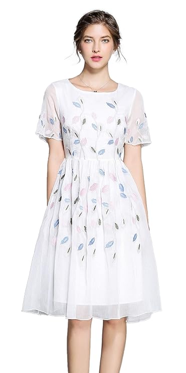 Women's Short Sleeve Mexican Embroidered Floral Pleated Midi A-line Cocktail Dress (S, White 4)