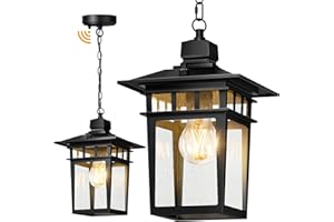 APOTO Dusk to Dawn Outdoor Pendant Light,Black Hanging Porch Light,Vintage Outdoor Chandelier,Waterproof Aluminum Exterior Pendant Lighting Fixture with Tempered Glass,Hanging Lights for Front Door Gazebo