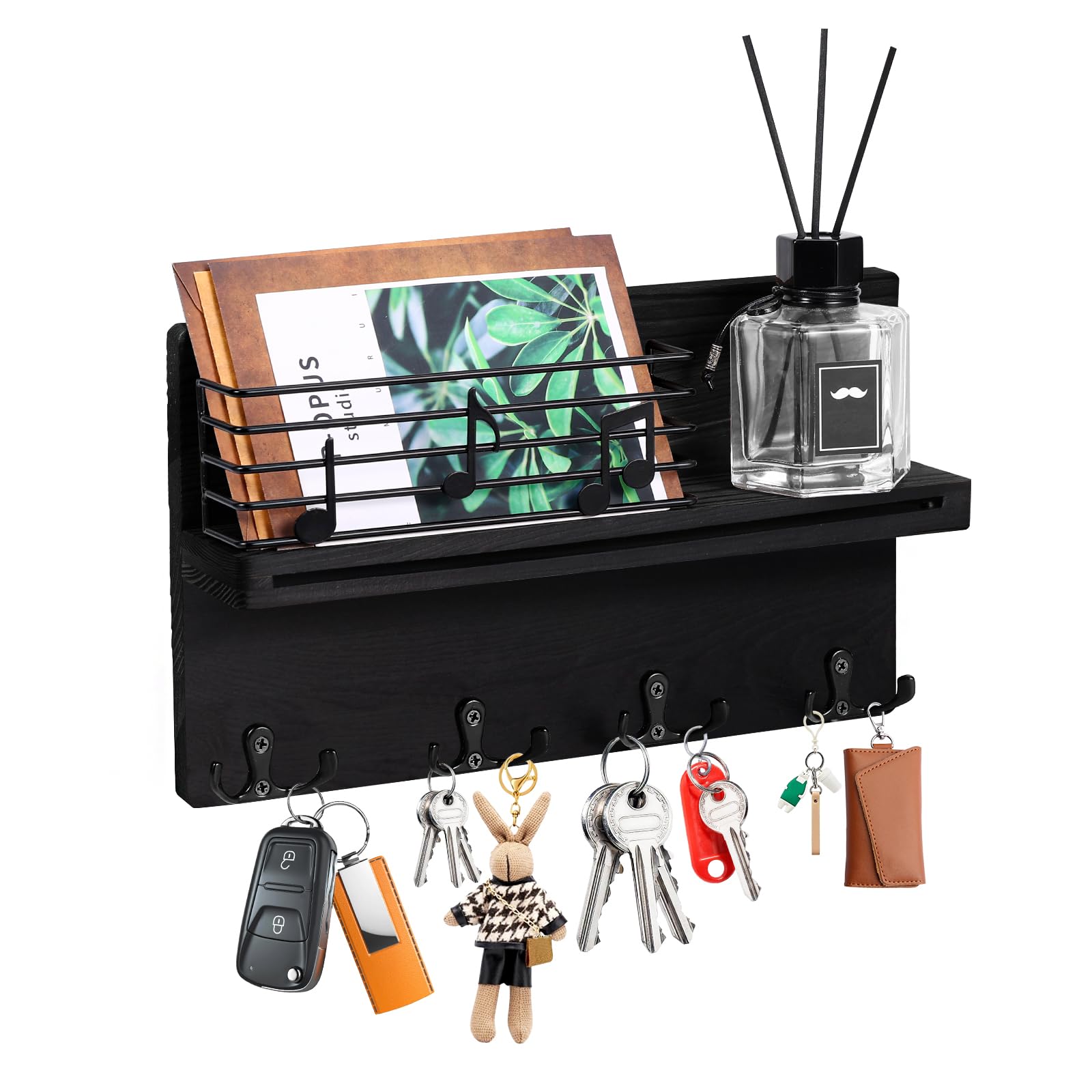homdat Key Holder for Wall, Key Hanger Rack with 4 Double Key Hooks & Fence, Wall Mounted Wooden Mail Rack Organizer with Shelf for Entryway, Mudroom（Black）