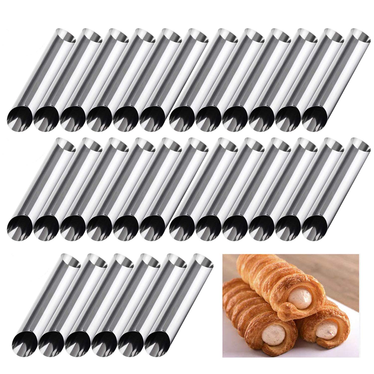 JasCherry 30 Pcs Stainless Steel Pancake Tube Cream Horn Mould, Screw Croissant Mold DIY Solenoid Anode Spiral Cake Horn Bread Baking Mould Cannoli Tubes